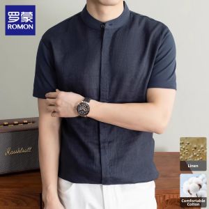 ROMON | Short Sleeve Summer Breathable Lightweight New Chinese Style Casual Stand Collar Mens Shirt