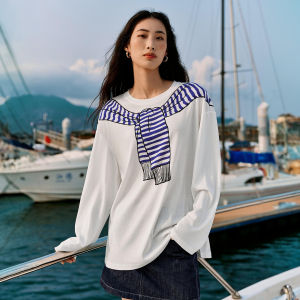 PEACEBIRD | Loose Naval Collar Printed Tencel Mix Fabric T-Shirt