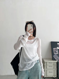 SunYeo Grey Knitted Loose Thin Long Sleeve round Neck T-Shirt Women Summer Korean Style Casual Comfortable Breathable Top