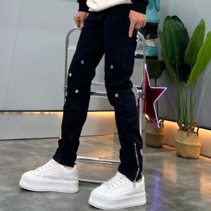High-End Black Mens Slim Fit Jeans Metal Zipper Decoration High Elasticity Casual Long Pants Autumn New Style Fashionable Cotton Stretch Denim