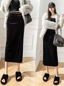 Mid Length Long Length Gold Velvet Skirt Womens Spring & Fall New Arrival High Waist Retro All-Matching Slim Elegant Slit Sheath Skirt