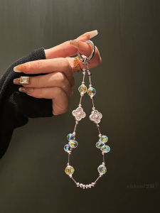 Pink Lucky Grass Laser Crystal Beads Mobile Phone Chain Portable Lanyard Luxury Sensation Durable Short Rope for All Phone Case Models