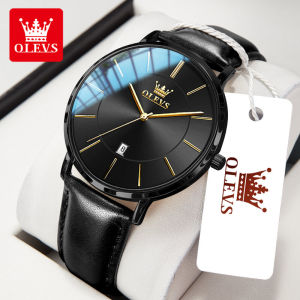 OLEVS Jam Tangan Pria Anti Air 100% Original Asli Kalender Sport Kasual Cowok Tali Kulit Cokelat/Hitam