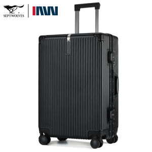 Septwolves Mens New Luggage Aluminum Frame Travel Suitcase Boarding Box 20 Inches Leather Box 24 Fashion Hardshell Suitcase