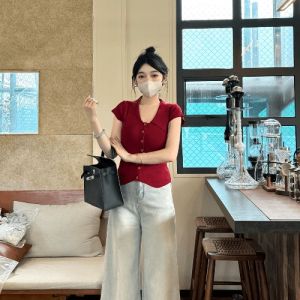Red Wine Color Polo Neck Ice Silk Knitted Short Sleeve T-Shirt Women Summer Slim Fit Single Button Open Cardigan Top