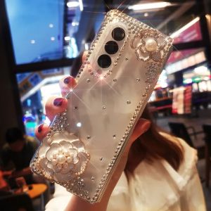 Luxury Diamond Pearl Flower Phone Cover For Samsung Galaxy Z Fold 5 4 3 2 Bling Rhinestone Flower Transparent Hard PC Case Shockproof