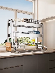 Kitchen Stainless Steel Dish 2 Tier Rak Pinggan Rak Dapur Sink Rack Dish Drainer Rack With Accessories