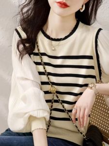 Brand Outlet Clearance Brand Lace Collar Striped Knitwear Long Sleeve Lantern T-shirt Korean Style Commute Warmth Woolen Top