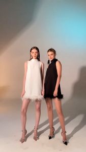 เดรสแขนกุด ปลายแต่งขนนกรอบตัว มีซิปซ่อนสวยงาม ผ้าสวย ทรงดีย์ ใส่สบาย ใส่ได้หลายโอกาส สีขาวและสีดำ (CL111)