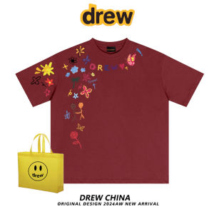 เสื้อยืดคอกลมแขนสั้นผ้าฝ้ายแท้ Drew American Trendy Brand สำหรับผู้ชายและผู้หญิง เสื้อผ้าทำงานแขนสั้นแฟชั่นฤดูร้อน
