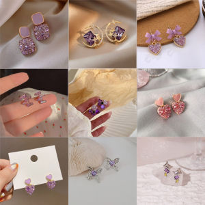 Women Earrings Elegant Korean Style Purple Shiny Crystal Geometric Sweet Lovely Fashion Drop Earrings Jewelry Gift Accessories
