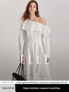 Elle Womens White Design Sensation Strap Dress Summer New Hollow out Long Skirt Gauze Edge Natural Waist Long Sleeve Shirt Dress