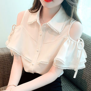 Áo Sơ Mi Voan Tay Ngắn Mùa Hè Mới Dành Cho Nữ Thiết Kế Hở Vai Ren Viền Hoa Phong Cách Thanh Lịch Làm Việc Thường Ngày Cổ Polo