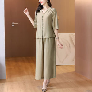 HUAXUNRAN | Bộ Quần Áo Slimming Chinoiserie Cỡ Trung đến Lớn từ Vải Cotton Linen