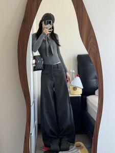 Quần Ống Rộng Cạp Cao Rộng Rãi Cho Nữ Mùa Hè 2025 Quần Dài Thường Ngày Màu Xám Dài