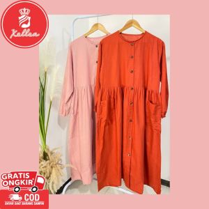 Dress Wanita Remaja Dewasa Jumbo Kekinian Korean Style Midi Long Dress Linen Rami Premium Mica Midi Dress - XELLEA