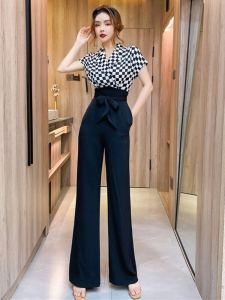 Quần Dài Ống Rộng Bằng Vải Voan Mỏng Có Cổ Vest Kẻ Caro Mùa Hè Mới Có Nơ Thắt Lưng Cho Nữ Quần Dài Cao Cấp