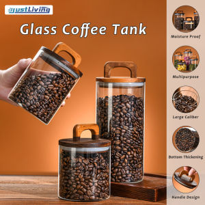 JustLiving 1PC Vintage Glass Storage Canister with Wooden Handle and Air-Tight SealHigh Borosilicate GlassKitchen Food Container for PastaCoffeeTea LeavesClear Glass Jar for Display and Storage