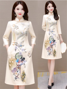 Improved Version Floral Print Cheongsam Dress Womens Autumn Winter Slimming Vintage Daily Ceremony Skirt Korean Style Commute