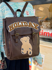 Retro American Letter Bear Designer Handbag PU Backpack Double Shoulder Bag for Men And Women Cartoon Style Zipper Closure