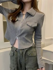 American Retro Double Zipper Polo Collar Shoulder Long Sleeves T-shirt