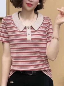 QIAOXIZI | Summer Striped Polo Shirt Loose Fit Womens Fashionable T-shirt