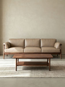 New Chinese Style Villa Living Room Black Walnut Wood Genuine Leather Straight Row Sofa Three-Seater Minimalist Real Wood Artistic