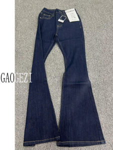 Deep Blue American Style Bell Bottom Jeans Womens High Waist Slim Fit Stretchy Floor Length Trousers Autumn New Arrival