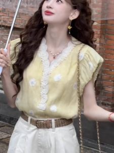 WANGGONGZHU | Elegant French Style Short Sleeve Shirt Women Summer Design Sensation Lace Trim Flounce Sleeve Chiffon Top Korean Loose Fit