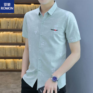 Romon เสื้อเชิ้ตผู้ชายแขนสั้นเสื้อเชิ้ตผู้ชายแบบบางเข้ารูปสไตล์เกาหลีสำหรับฤดูใบไม้ผลิและฤดูร้อนแบบใหม่เสื้อตัวบนแขนยาวแบบลำลองสำหรับวัยรุ่น