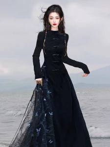 Elegant Black Long Qipao Dress Female Vintage 3D Butterfly New Chinese Style Daily Wear Autumn Winter Polyester Fiber