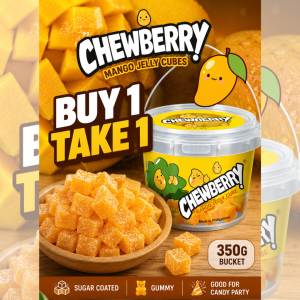 B1T1 CHEWBERRY Mango Jelly Cubes 350g (90-96pcs) Bucket - Sugar Coated Juicy Gummy Candy Soft Candy for Snack Time & Parties Prefect for Gift and Party Lootbag Pangtindahan Wholesale