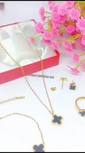 SET PERHIASAN TITANIUM BUNGA HITAM MOTIF RANTAI NORI (1 SET) ANTI KARAT & ANTI LUNTUR (COD)