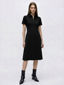 AMII | Business Style Flip Collar Zipper Short Sleeve Dress Lustrous Waist-cinching