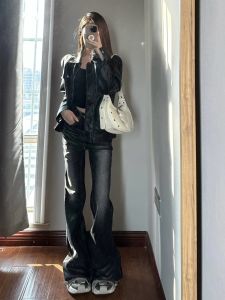 High Waist Flared Jeans Womens Loose Fit Bootcut Denim Pants Washed Black Vintage Long Trousers Spring Fashion plus Size