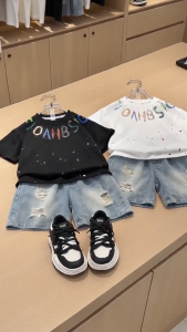 Baby Boy Clothes set Toddler 2pcs Outfit 0-5 Years Color Letter Short Sleeve T‑Shirt Denim Shorts Breathable Kids Boys Fashion Children outdoor wear
