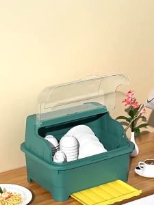 MATOUGUI - Rak Pengering Air Mangkok Rak Piring Plastik Dengan Tutup Rak Piring/Sendok/Garpu Rak Dapur/Kotak Penyimpanan Peralatan Makan/Kitchen Organizer