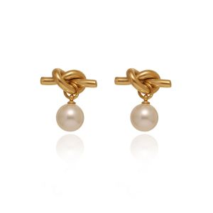 Knot Dangle Pearl Stud Silver Gold Earrings 18K Gold Plated • 316L Stainless Titanium Steel Waterproof Non-Tarnish Hypoallergenic Fashion Earring For Women ER378
