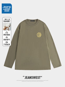 Jeanswest Pure Cotton Long Sleeve Hoodie Mens Spring Autumn Loose Large Size round Neck T-Shirt Trendy Brand Basic Shirt