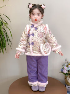 Girls New Year Thickened Fleece Winter Costume Set Traditional Chinese Tang Suit Hanfu New Style Embroidered Long Sleeve Dress