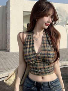 GUZILIAN | French Elegant Plaid Neck Hanging Strap Vest Women Spring Summer New Design Sensation Inner Wear Outerwear Sleeveless Top