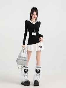 Autumn Winter American College Sweet And Spicy Long Sleeve V Neck Splice Mini Dress Short Skirt Womens Fashion Commute Style