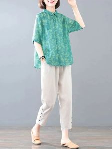 Fashionable Cotton Linen Print Two-Piece Set for Middle-Aged And Elderly Women Summer New Style Harlan Pants Casual Loose Fit