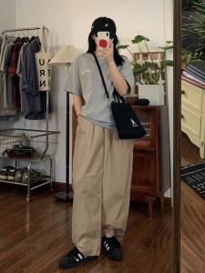 กางเกงขายาวทรงหลวมสไตล์ญี่ปุ่นสำหรับผู้หญิง กางเกงขายาวทรงตรงสีกรมท่าบางๆ สไตล์ย้อนยุค กางเกงขายาวทรงหลวมสบายๆ สำหรับฤดูใบไม้ผลิและฤดูใบไม้ร่วง