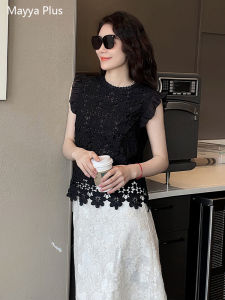 Mayya plus Womens Black round Neck Vest Spring Summer Embroidered Hollow out Lace Trim Top Korean Style Slim Fit Knitted Tshirt