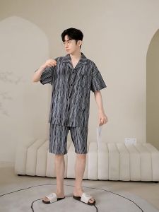 Ruige Chun Baifen Couple Pajamas Womens Summer Mens Short Sleeve Cardigan Suit Korean Style Home Wear Suit Summer Can Be Worn outside