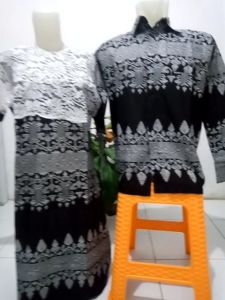 Baju Batik Couple Dress Wanita Midi Katun mix Brokat Kemeja Lengan Panjang Pria Kerja Pesta Natal Motif Anjani Abu Silver
