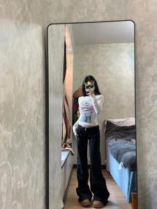 Classic American Low เอว ก้นกระดิ่ง กางเกงยีนส์ ผู้หญิง Small Size พรางหุ่น สีดำ Wash Wide Leg Floor Length กางเกงลำลอง