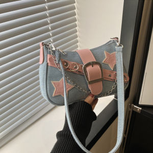Denim Họa Tiết Ngôi Sao Túi Xách Thời Trang Nữ Thoáng Mát Bé Gái Sát Nách Nhỏ Đeo Vai Túi Hobo Có Dây Xích Tote Dây Kéo & Khóa Chốt Bấm