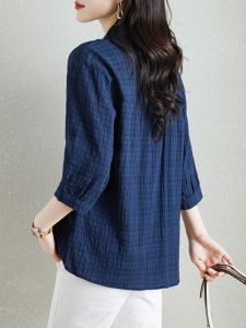 เสื้อเชิ้ตผ้าลินินคอตตอนสตรี ฤดูใบไม้ร่วง 2025 ใหม่ ลดอายุ สวยงาม ปกปิดหน้าท้อง แขน 7 ส่วน เสื้อเชิ้ตแม่